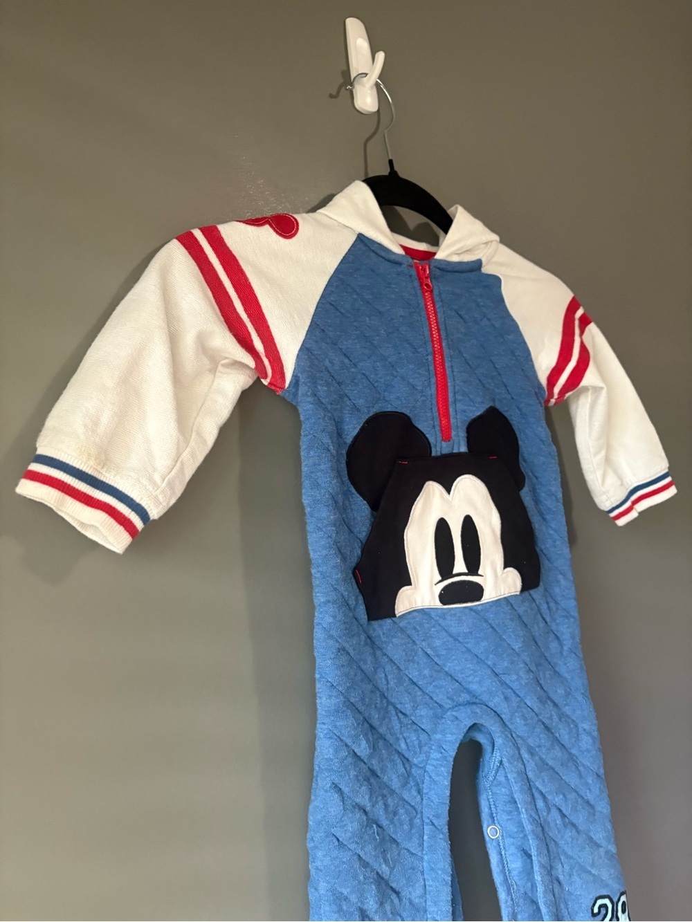 Disney Baby Mickey Mouse Quilted Hooded Romper Jumpsuit 18-24M Blue Red - Picture 2 of 10